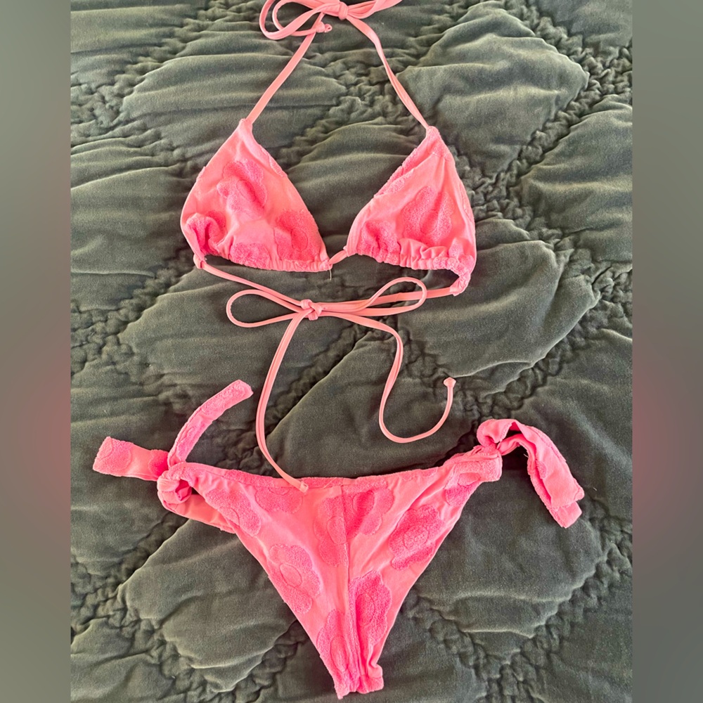 Frankie’s Bikinis Pink Terry Swimsuit TOP ONLY